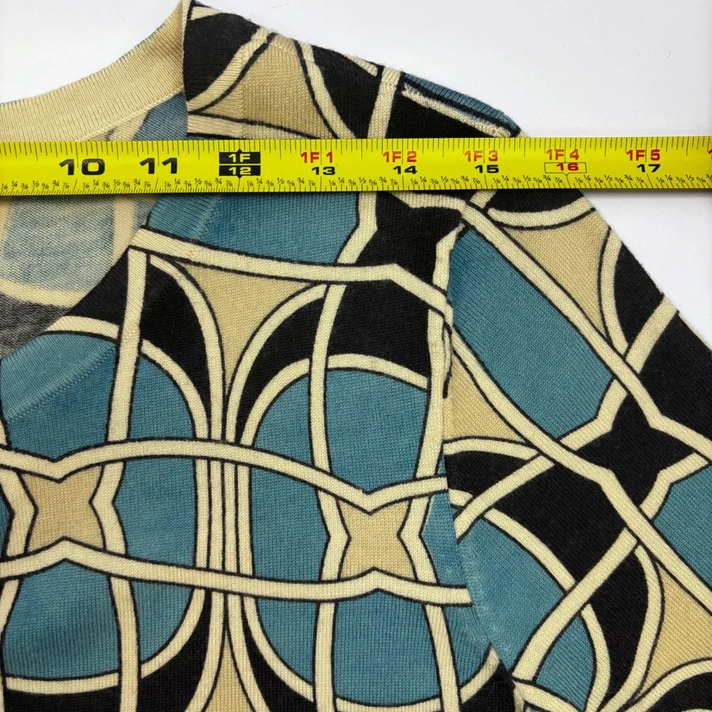 Ann Taylor Geometric Link Print Cardigan Sweater Blue‎ Black Tan XL 3/4 Sleeve